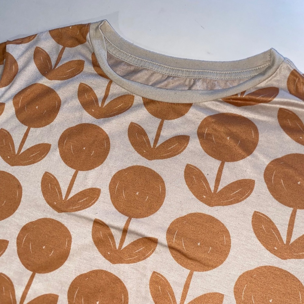 SHEIN Womens 2XL Mid Century Modern Floral Print Tee Beige Orange Short Sleeve